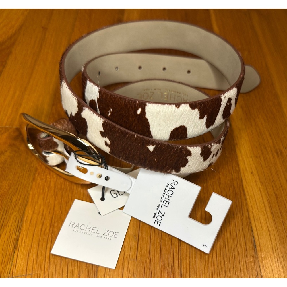 Rachel Zoe Cow Print Hair on Hide Leather Belt Gold Buckle Brown White Large